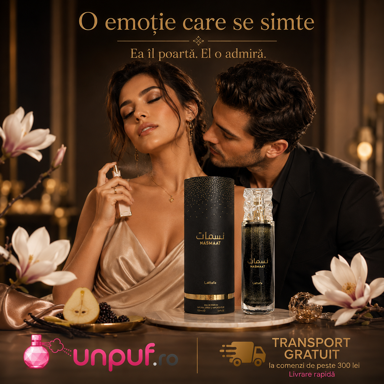 Lattafa Nasmaat parfum arabesc elegant, floral fructat, potrivit pentru femei și bărbați, imagine lifestyle de cuplu